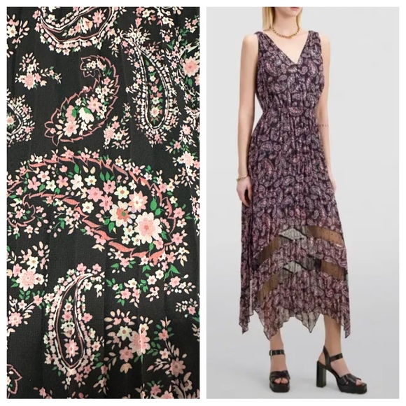 NWT The Kooples Chiffon Pleated Paisley Dress Sz 1 (S) Black Lace Accents - Picture 1 of 11